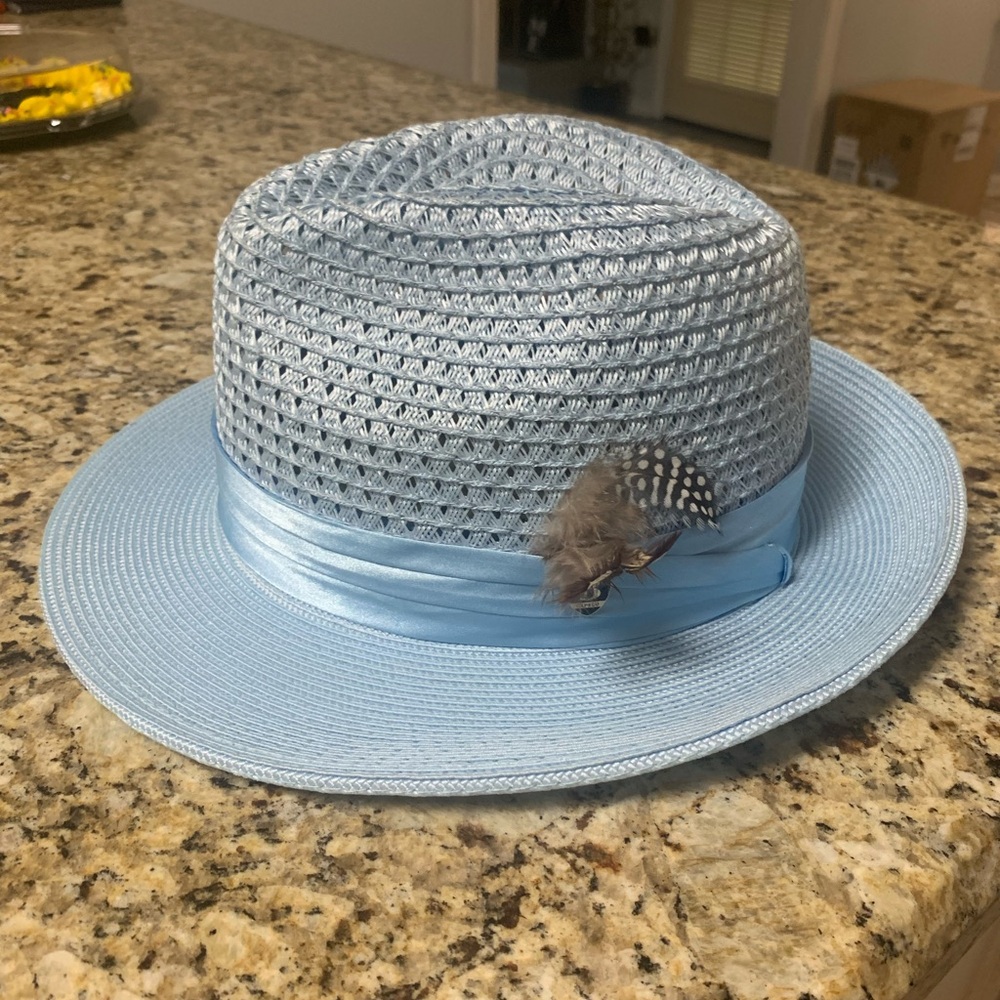 Bruno Capelo Light Blue Woven Hat with Feather Accent